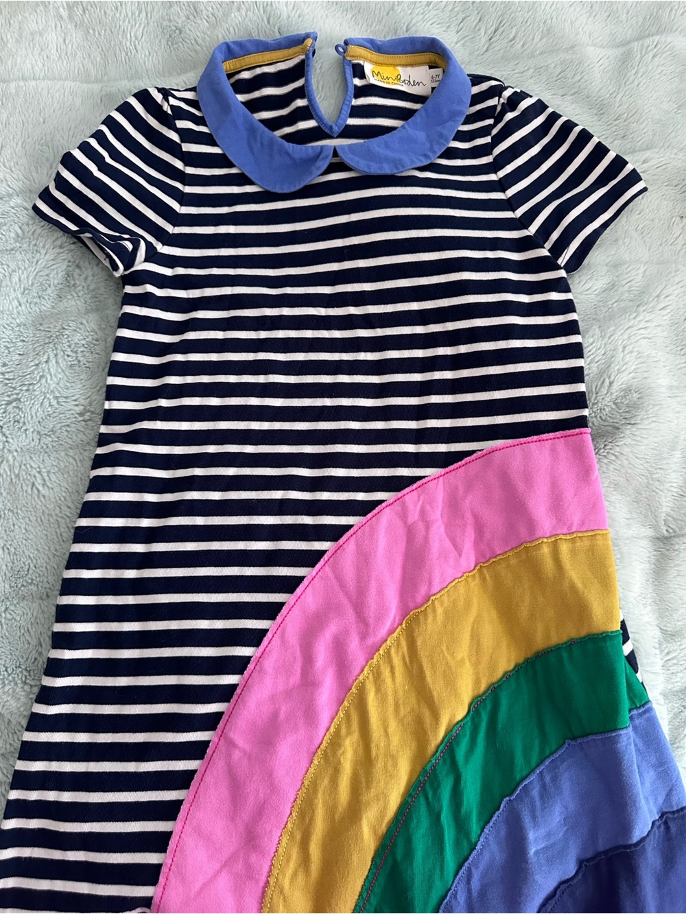 Mini Boden Navy and White Stripe Dress with Multicolor Rainbow Appliqué